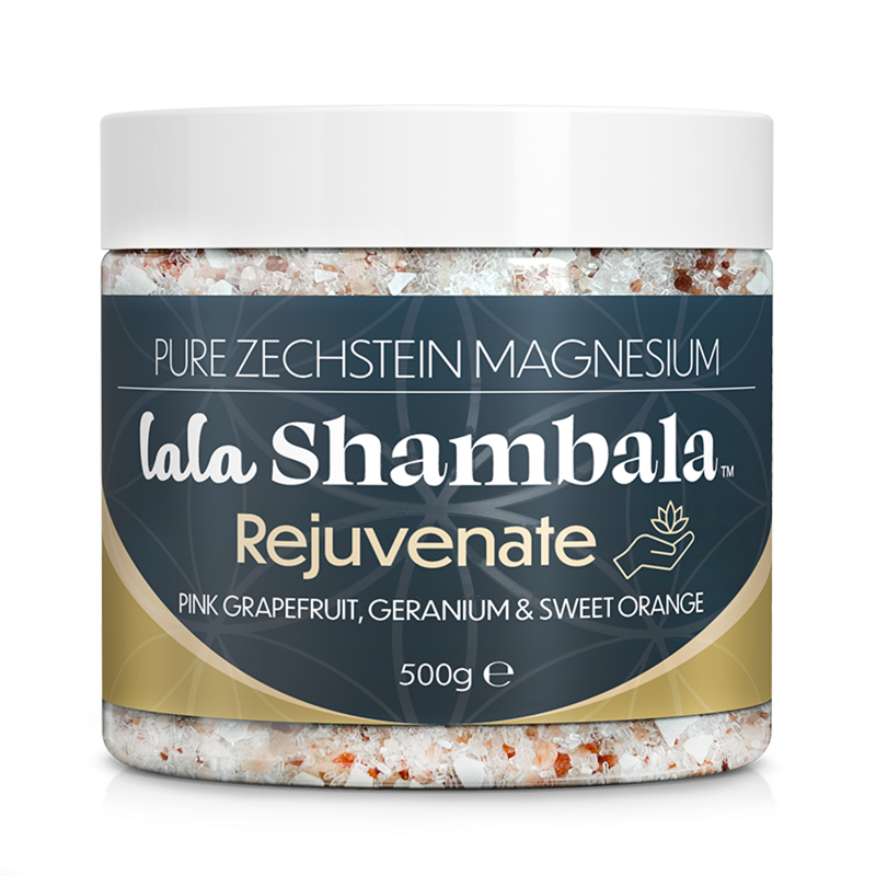 Rejuvenate Magnesium Bath Salts in a clear plastic jar, a white lid and a blue and light olive label featuring the Lala Shambala logo.
