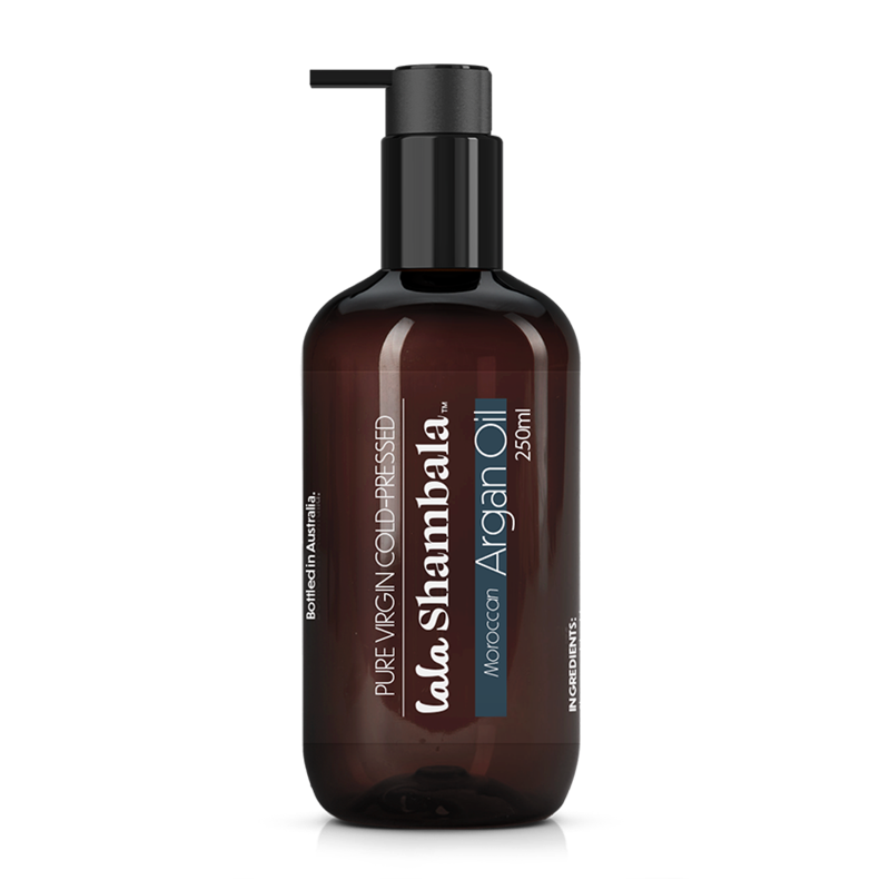 Pure Virgin, cold-pressed Moroccan Argan Oil in a dark amber plastic bottle with a clear label featuring the Lala Shambala logo.