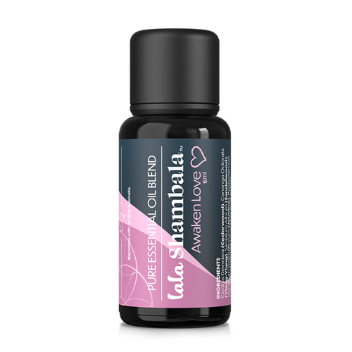Awaken Love Pure Essential Oil blend in a dark violet Miron glass bottle with a blue and pink label featuring the Lala Shambala logo.