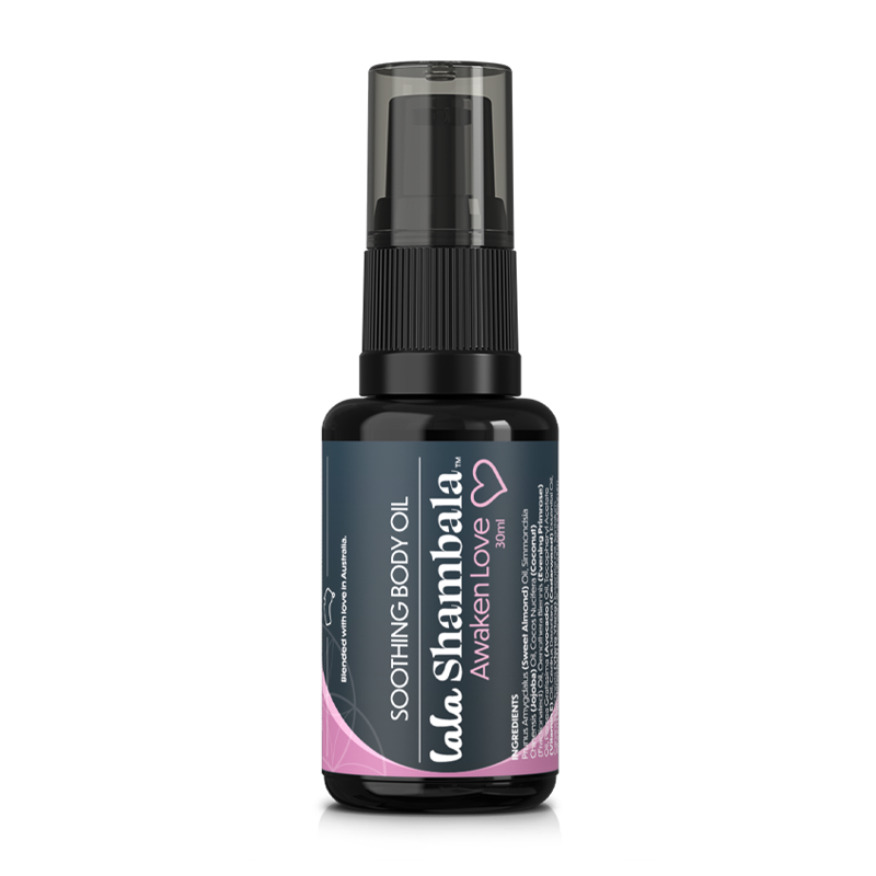 Awaken Love Body Oil  in a dark violet Miron glass serum bottle with a blue and pink label featuring the Lala Shambala logo.