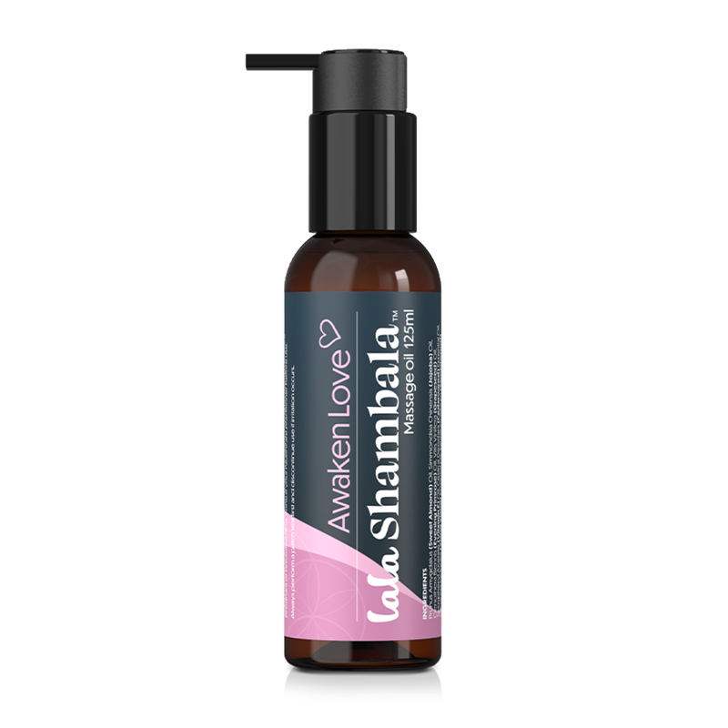 Awaken Love Massage Oil in a dark amber plastic pump bottle with a blue and pink label featuring the Lala Shambala logo.