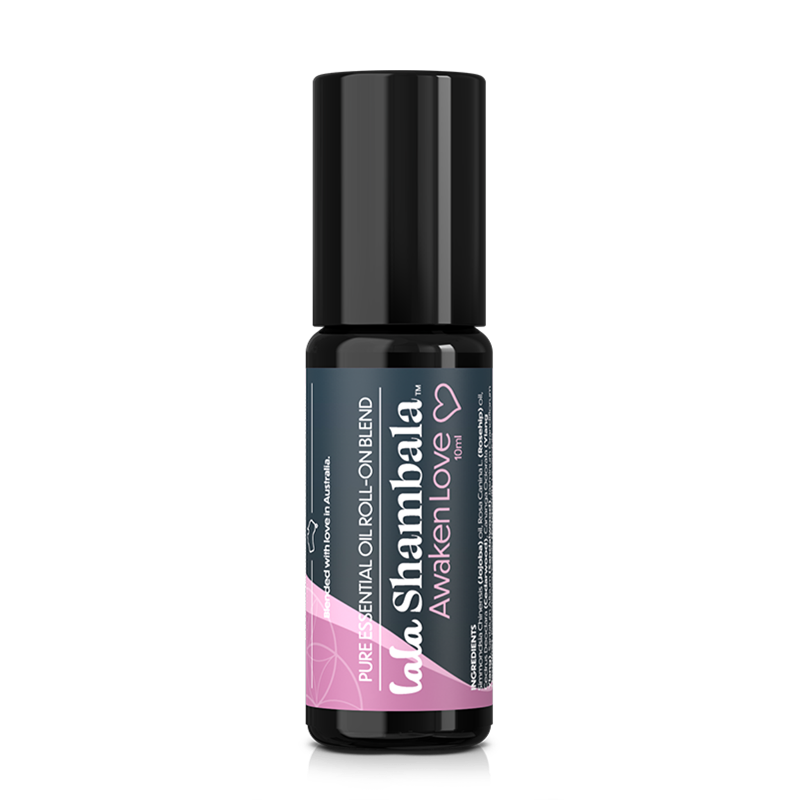 Awaken Love Pure Essential Oil roll-on in a dark violet Miron glass roller bottle with a blue and pink label featuring the Lala Shambala logo.