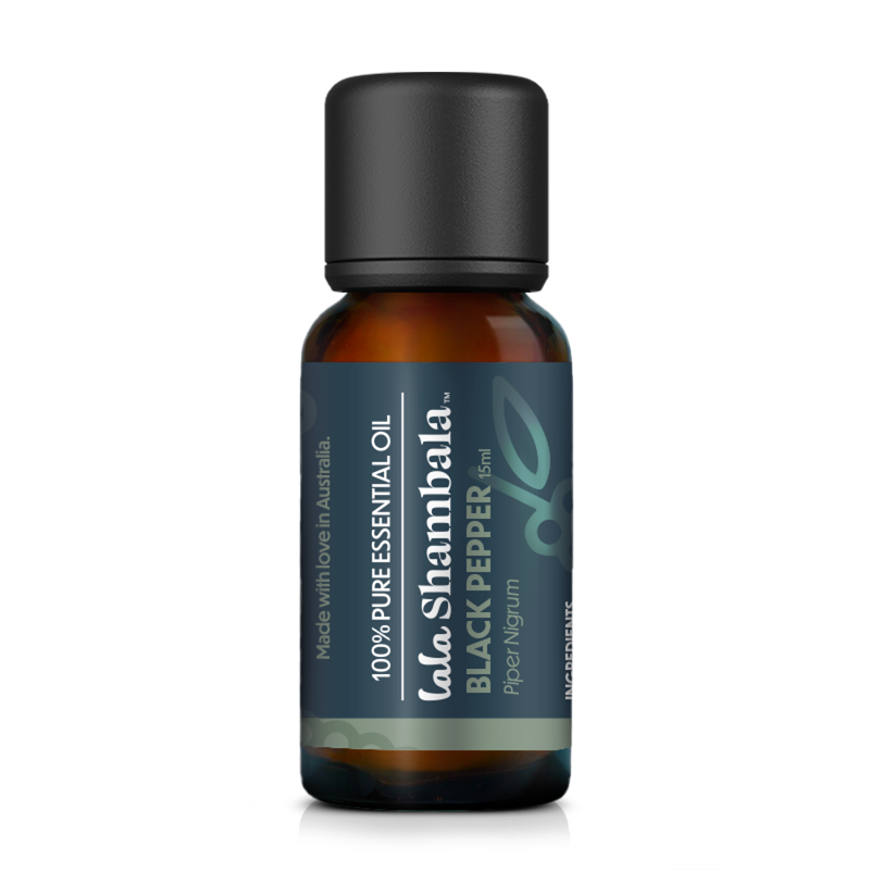 Black Pepper Pure Essential Oil in a glass amber bottle with a blue label and green accents. The Lala Shambala logo is featured at the front.