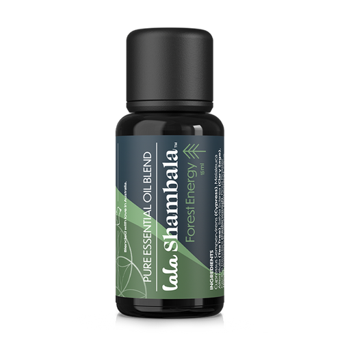 Forest Energy Pure Essential Oil blend in a dark violet Miron glass bottle with a blue and green label featuring the Lala Shambala logo.