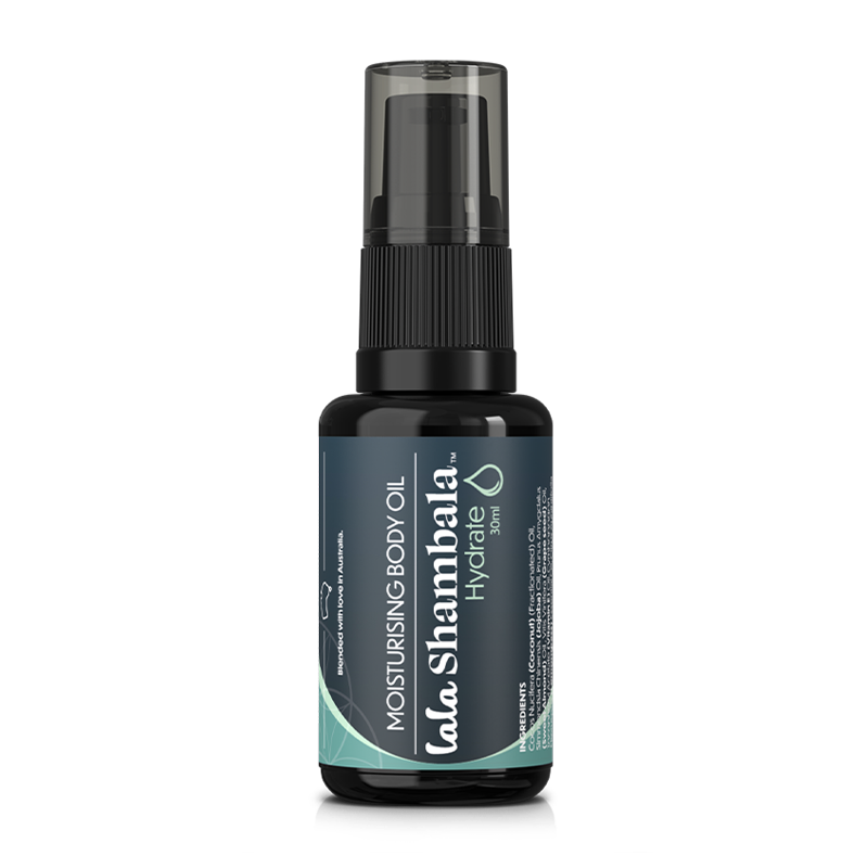 Hydrate Body Oil  in a dark violet Miron glass serum bottle with a blue and pale green label featuring the Lala Shambala logo.