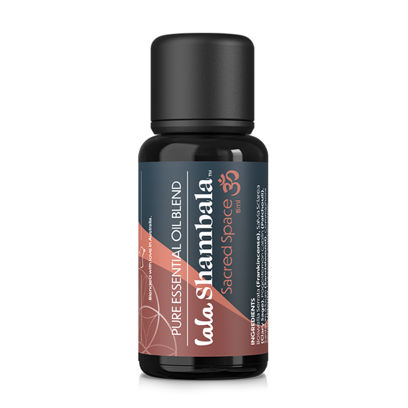 Sacred Space Pure Essential Oil blend in a dark violet Miron glass bottle with a blue, dark orange and red label featuring the Lala Shambala logo.