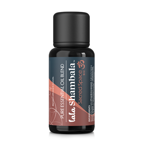 Sacred Space Pure Essential Oil blend in a dark violet Miron glass bottle with a blue, dark orange and red label featuring the Lala Shambala logo.