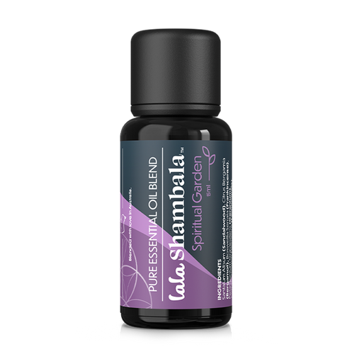 Spiritual Garden Pure Essential Oil blend in a dark violet Miron glass bottle with a blue and purple label featuring the Lala Shambala logo.