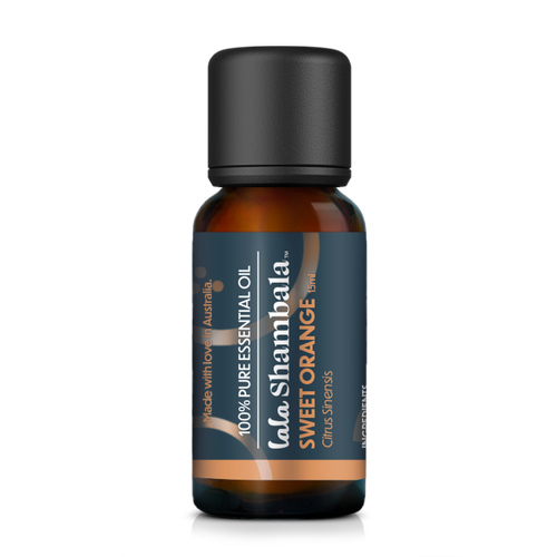Sweet Orange Pure Essential Oil in a glass amber bottle with a blue label and orange accents. The Lala Shambala logo is featured at the front.